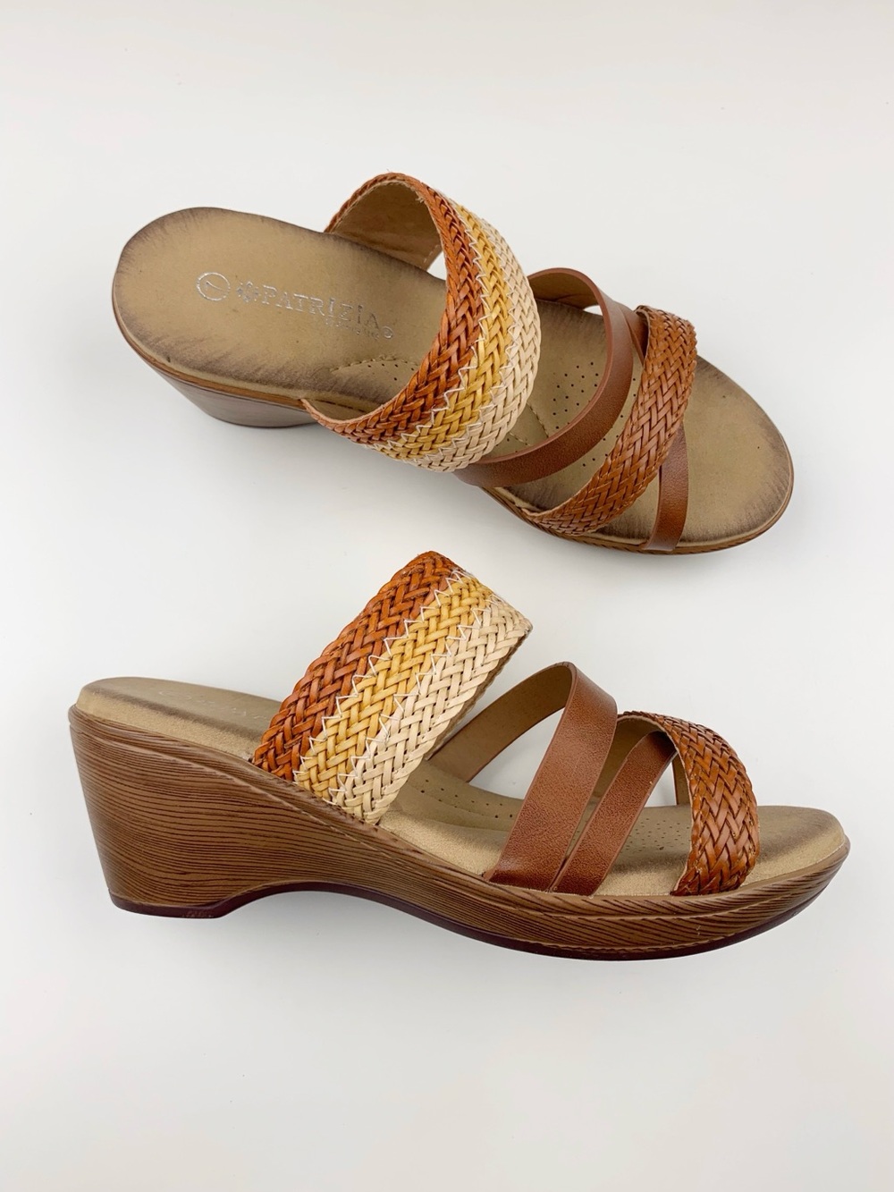 Patrizia by Spring Step Wedge Heel Sandals Strappy Brown Faux Leather Women's 7